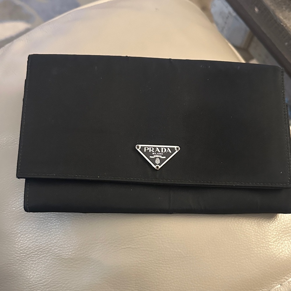 Prada Black Leather Clutch with Silver Accent